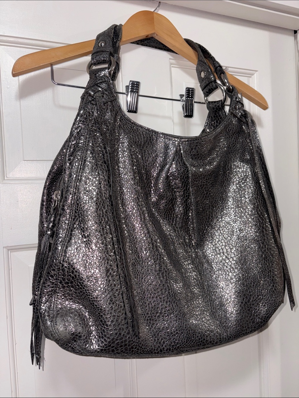 COACH Maggie Crinkle Gunmetal Silver Python Metallic Hobo Bag